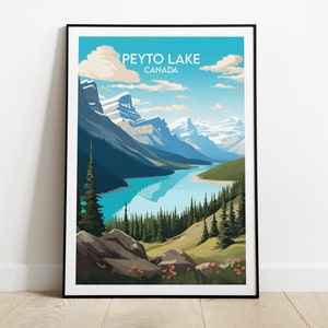 Peut inclure: Une affiche de voyage vintage représentant une vue panoramique du lac Peyto au Canada. L'affiche montre un lac bleu turquoise entouré de montagnes enneigées et d'arbres verdoyants. Le texte "Peyto Lake Canada" est imprimé en blanc en haut de l'affiche.
