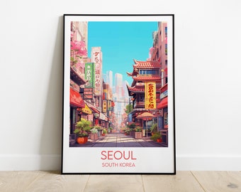 May include: A colorful illustration of a street scene in Seoul, South Korea. The image features traditional red and gold buildings with signs in Korean characters. The street is lined with shops and restaurants, and there are people walking by.