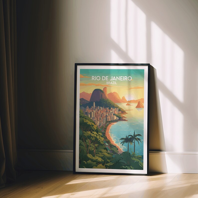 Może przedstawiać: Winietkowy plakat podr&oacute;żniczy z kolorową ilustracją Rio de Janeiro w Brazylii. Plakat przedstawia widok na G&oacute;rę Cukrową, panoramę miasta i plażę z palmami.