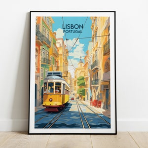 May include: A vintage travel poster featuring a yellow tram traveling down a narrow street in Lisbon, Portugal. The buildings are colorful and the sky is blue with white clouds. The text "LISBON PORTUGAL" is at the top of the poster.