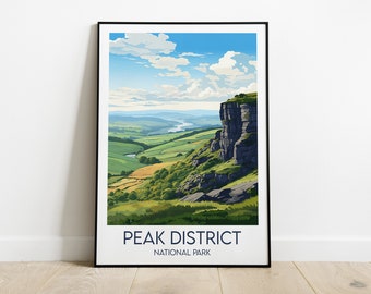 Könnte beinhalten: Eine gerahmte Illustration einer malerischen Aussicht auf den Peak District National Park in England. Das Bild zeigt eine felsige Klippe mit Blick auf ein Tal mit sanften grünen Hügeln und einem Fluss, der sich durch das Tal schlängelt. Der Himmel ist blau mit weißen Wolken. Der Text "Peak District National Park" ist unter dem Bild gedruckt.