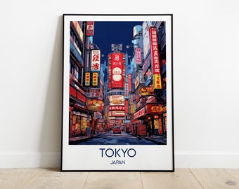 May include: A colorful illustration of a street scene in Tokyo, Japan. The image features a narrow street lined with buildings with bright red and yellow signs in Japanese characters. The street is illuminated by streetlights and neon signs. The text "TOKYO JAPAN" is printed at the bottom of the image.
