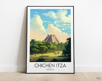 May include: A vintage travel poster featuring a colorful illustration of the Chichen Itza pyramid in Mexico. The poster has a blue sky with white clouds and green trees surrounding the pyramid.