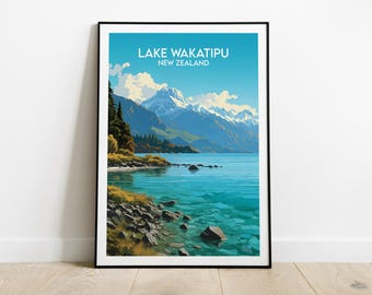 May include: A framed poster with a scenic view of Lake Wakatipu in New Zealand. The poster features a blue lake with mountains in the background and a green shoreline with trees.