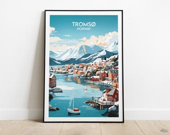 May include: A colorful illustration of Tromso, Norway, featuring a cityscape with snow-capped mountains in the background and a body of water with boats in the foreground. The text "Tromso Norway" is displayed at the top of the image.