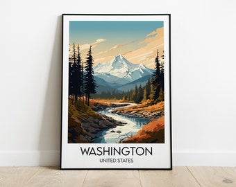 May include: A vintage-style travel poster featuring a scenic landscape of a river winding through a forest with a snow-capped mountain in the background. The poster is titled "WASHINGTON, UNITED STATES".