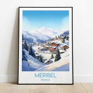 Meribel Travel Print - plakat narciarski we Francji - spersonalizowany prezent ślubny na urodziny