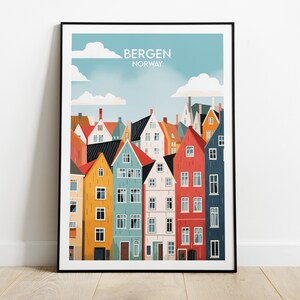 Impression de voyage Bergen - Poster Norvège - Cadeau d'anniversaire de mariage personnalisé