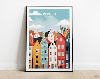 May include: A colourful illustration of a cityscape with the text "BERGEN NORWAY" at the top. The illustration features a row of colourful houses with white windows and black roofs.