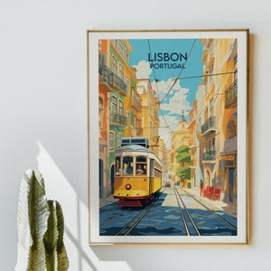 May include: A vintage travel poster featuring a yellow tram traveling down a street in Lisbon, Portugal. The buildings are painted in bright colors, and the sky is blue.