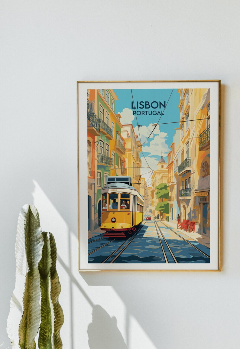 May include: A vintage travel poster featuring a yellow tram traveling down a street in Lisbon, Portugal. The buildings are painted in bright colors, and the sky is blue.