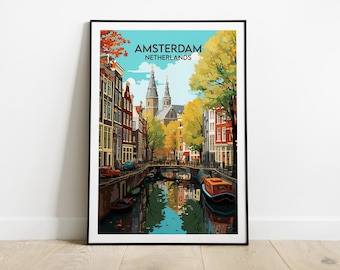 May include: A vintage travel poster featuring a colorful illustration of a canal in Amsterdam, Netherlands. The poster features a view of a canal with buildings on either side, a bridge, and a church in the background. The text "AMSTERDAM NETHERLANDS" is printed at the top of the poster.