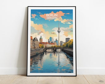 Pode incluir: Uma ilustração colorida do horizonte de Berlim, com a icônica torre Fernsehturm, um rio e uma ponte. O texto "BERLIM ALEMANHA" está no topo da imagem.