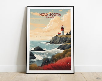 May include: Framed art print of a Nova Scotia coastal scene. The image shows a red and white lighthouse on a cliff, with the text "Nova Scotia Canada" at the top. The artwork is set against a backdrop of sea and sky, displayed on a white wall.