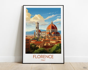 May include: A vintage travel poster featuring a colorful illustration of the Duomo, a famous cathedral in Florence, Italy. The poster has the text "Florence, Italy" at the bottom.