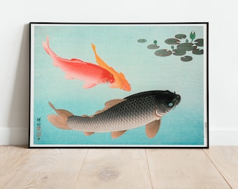 Japanese Koi Fish Print Wall Art Poster | A3 A4 | Vintage Classic Home Decor Art Deco Giclee Woodblock Illustration