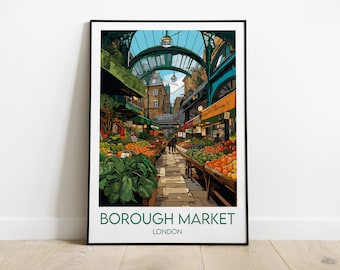 Puede incluir: Una ilustración colorida del Borough Market en Londres, Inglaterra. La imagen muestra un mercado bullicioso con puestos que venden productos frescos, incluyendo frutas y verduras. El mercado está ubicado bajo un techo de vidrio, y hay gente caminando por el mercado.
