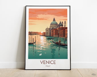 May include: A vintage travel poster featuring a colorful illustration of the Grand Canal in Venice, Italy, with gondolas and the Basilica di San Giorgio Maggiore in the background. The poster has the text "VENICE" and "ITALY" in a brown font.