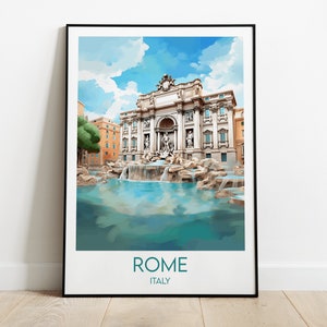 May include: A watercolour illustration of the Trevi Fountain in Rome, Italy. The fountain is a large, ornate structure with a central statue of Oceanus, the god of the sea. The fountain is surrounded by a pool of water, and there are several smaller fountains and statues around the perimeter. The illustration is set against a blue sky with white clouds.