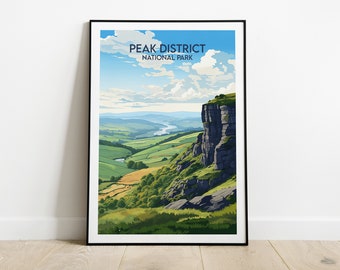 Könnte beinhalten: Eine gerahmte Illustration einer malerischen Aussicht auf den Peak District National Park in England. Das Bild zeigt ein grünes Tal mit einem Fluss, der sich durch ihn schlängelt, und eine felsige Klippe im Vordergrund. Der Himmel ist blau mit weißen Wolken. Der Text "Peak District National Park" ist oben auf dem Bild gedruckt.