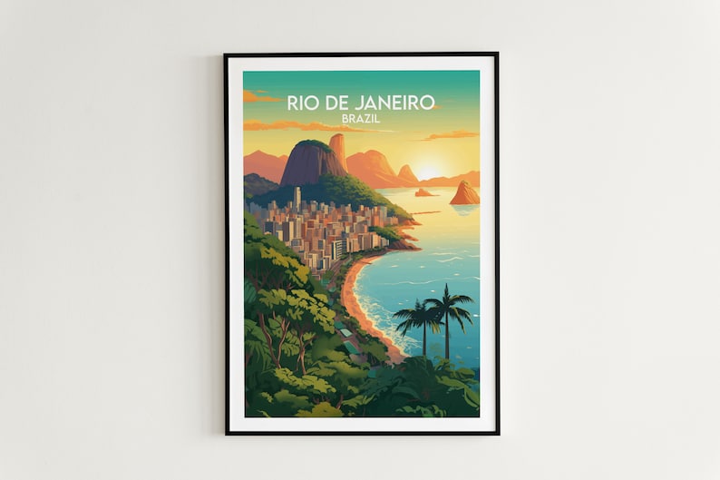 Może przedstawiać: Kolorowa ilustracja Rio de Janeiro w Brazylii, z ikonicznym wzg&oacute;rzem Sugarloaf Mountain i plażą Copacabana na pierwszym planie. Sylwetka miasta jest widoczna w oddali, a słońce zachodzi nad oceanem.