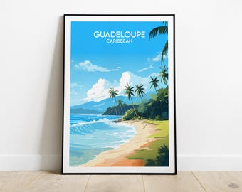 May include: A colorful travel poster with a blue sky, white clouds, and a beach scene with palm trees. The text on the poster reads "GUADELOUPE CARIBBEAN".