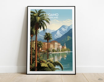 May include: A vintage travel poster featuring a colorful illustration of Lugano, Switzerland. The poster depicts a picturesque lakeside town with palm trees, mountains, and a clear blue lake. The text "Lugano, Switzerland" is printed at the top of the poster.