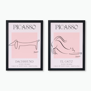 Picasso Line Art Collection Dog And Cat Exhibition Print Posters | 2x A3 A4 A5 | Vintage Home Decor Wall Art Deco Minimalist Set Of 2