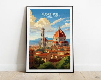 May include: A vintage travel poster featuring a colorful illustration of the Duomo, a famous cathedral in Florence, Italy. The poster has the text "Florence, Italy" at the top.