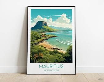 May include: A colorful illustration of a tropical island landscape with a mountain in the background, a beach, and ocean waves. The text "Mauritius" and "Indian Ocean" is at the bottom of the image.