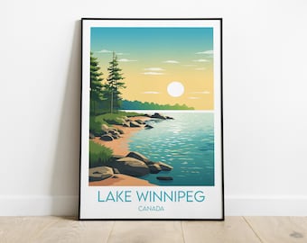 May include: A colorful illustration of a lake scene with a shoreline, trees, and a sun in the sky. The text "LAKE WINNIPEG CANADA" is at the bottom of the image.
