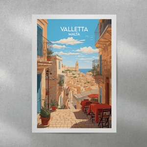 May include: A colorful illustration of a street scene in Valletta, Malta. The image shows a narrow street with buildings on either side, a view of the city in the distance, and a small cafe with red tables and chairs.