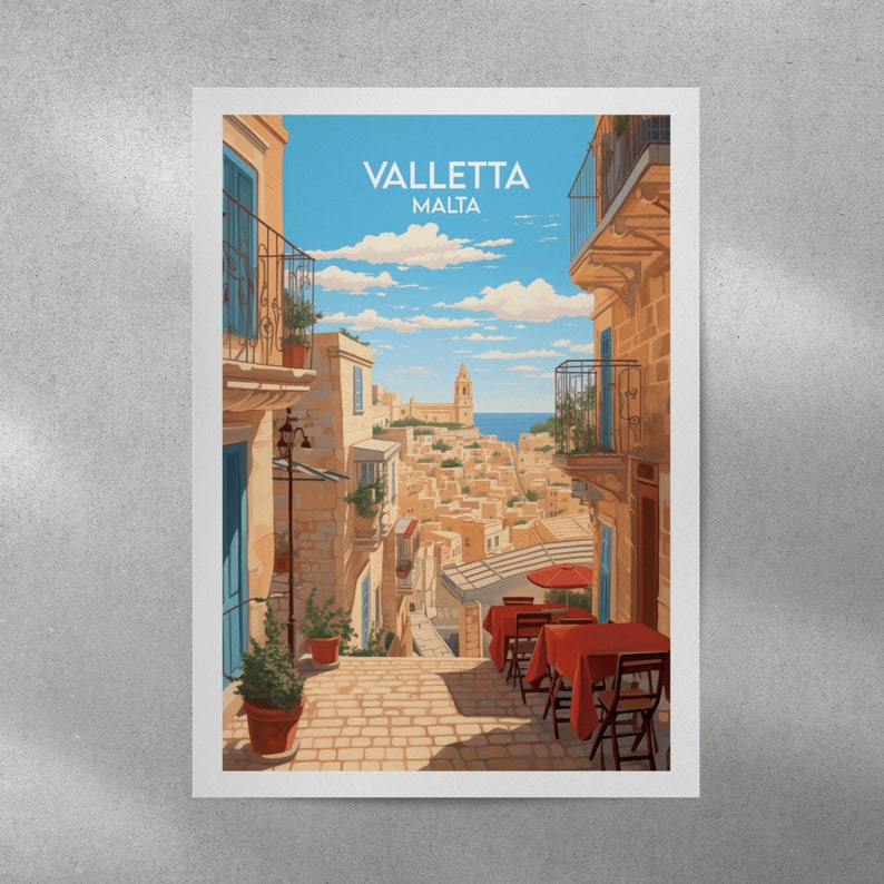 May include: A colorful illustration of a street scene in Valletta, Malta. The image shows a narrow street with buildings on either side, a view of the city in the distance, and a small cafe with red tables and chairs.