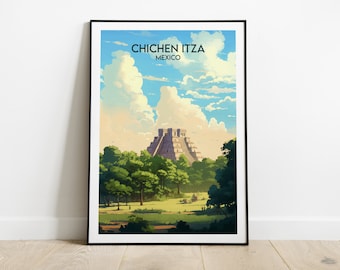 May include: A vintage travel poster featuring a colorful illustration of the Chichen Itza pyramid in Mexico. The poster has a blue sky with white clouds and green trees surrounding the pyramid.
