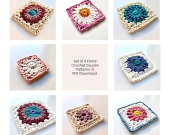 8 Flower Granny Square Patterns | Crochet Patterns | Flower Granny Square Crochet Pattern Bundle For Crochet Beginners