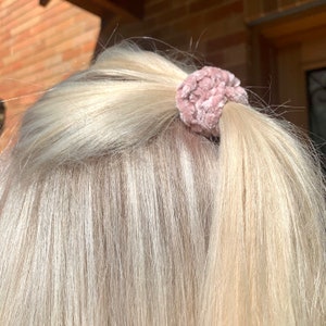 May include: A dusty rose velvet scrunchie for hair.