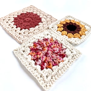 3er Set Häkelblumen Muster | Häkelanleitung | Sonnenblume & Blume Häkelanleitung für Oma Quadratische Häkeldecke