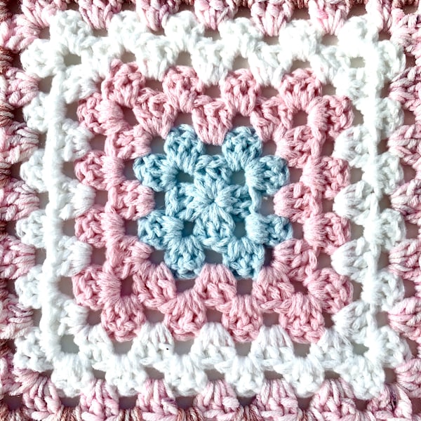 Baby Granny Square Pattern | Learn To Crochet Easy Crochet Patterns | Pink Crochet Square For Handmade Baby Blanket Or Pram Blanket