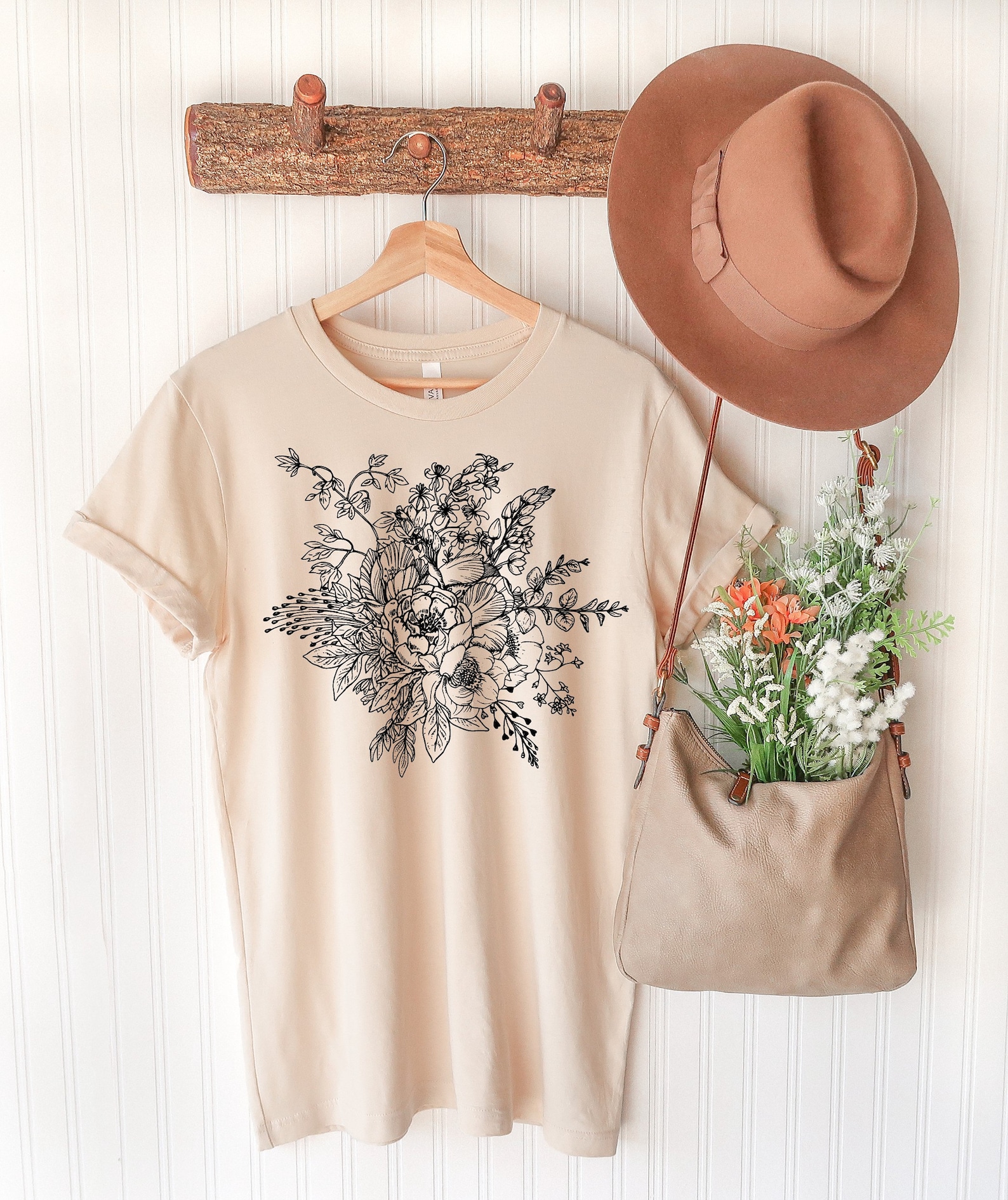Vintage Boho Floral Outline TShirt Damen Unisex Botanisch Etsy
