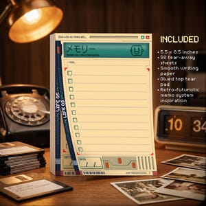 May include: Retro-futuristic memo pad with a beige background and a teal header that reads "SYS-LOG". The pad measures 5.5 x 8.5 inches and includes 50 tear-away sheets. The design is inspired by retro computer systems.