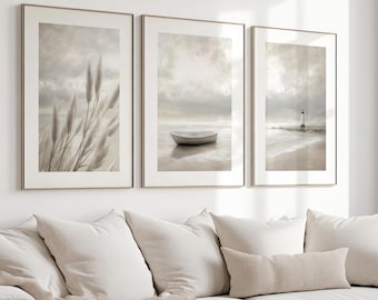 3 Nautical Posters in Neutral Colors with Mediterranean Mood, Wall Gallery, Rustic Style