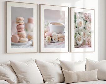 Macaroon Rose Print Set, Gentle Beige Decor, Set of Three