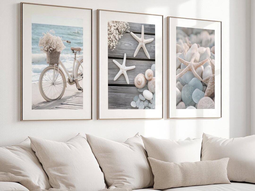 Coastal Beach Wall Art Set, Starfish Seashell Bike Ocean Decor, Summer ...
