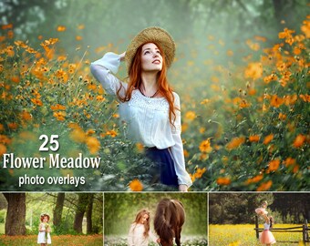 25 Flower Meadow Photoshop Overlays, Wildflowers Overlays, Flowering Field Photo Overlays, Summer Overlays, Spring, Compositing, PNG