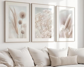 Neutral Botanical Pampas Wild Grasses And Dried Flowers, Set Of 3, Wall Art