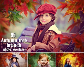 95 Autumn Tree Branch Overlays, Autumn tree branches PNG for Photographer, Fall Foliage Photoshop Effect, Yellow and Red leaves overlays