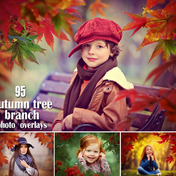 95 Autumn Tree Branch Overlays, Autumn tree branches PNG for Photographer, Fall Foliage Photoshop Effect, Yellow and Red leaves overlays