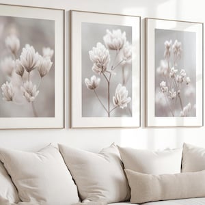 Minimalist Floral Wall Prints, Soft White Beige Grey Tones, Hyper-Realistic Photography (Set of 3)