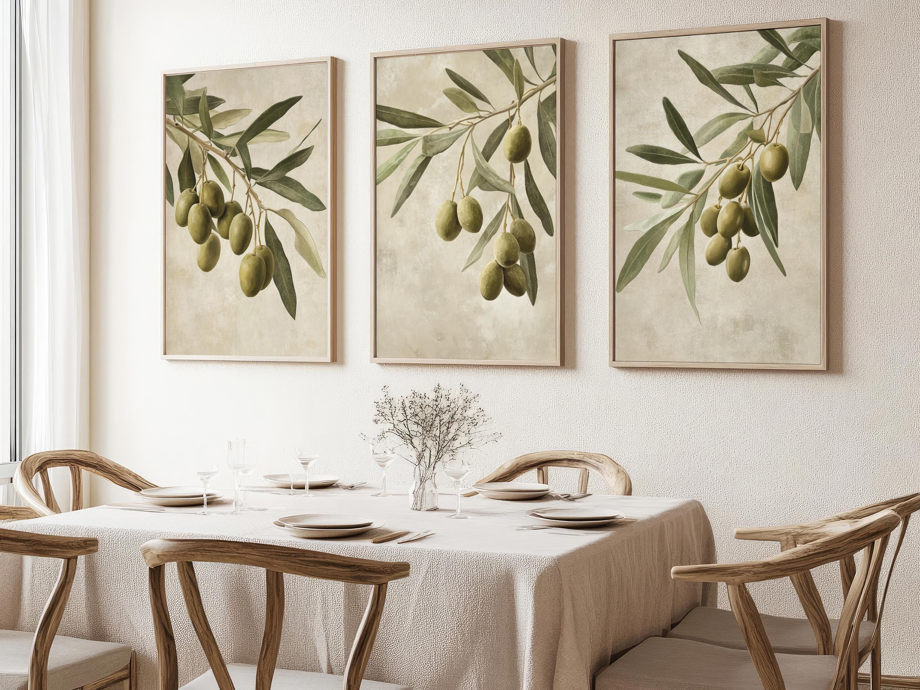 素朴なオリーブの枝の素朴な絵画、壁アート、植物画 3 枚セット - Etsy