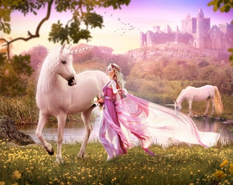 Unicorn and castle Background, Unicorn Backdrop, White Unicorn Backdrop, Magical Unicorn Backdrop, Fairy Unicorn, Fantasy Backdrop